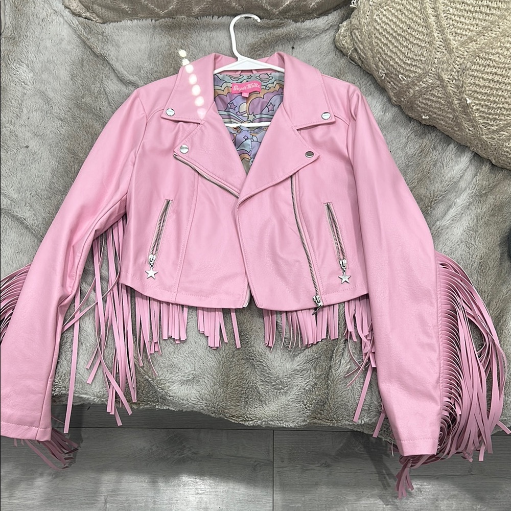 Vibrant Pink Leather Biker Jacket with Fringe